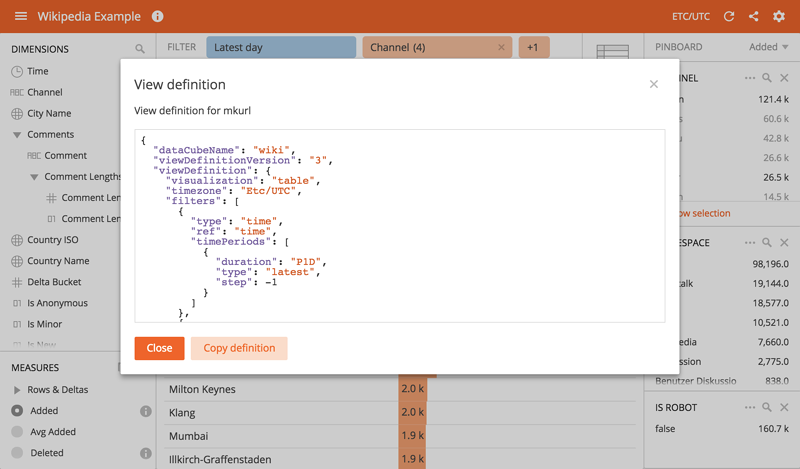 Turnilo with a view definition payload ready to be explored or copied