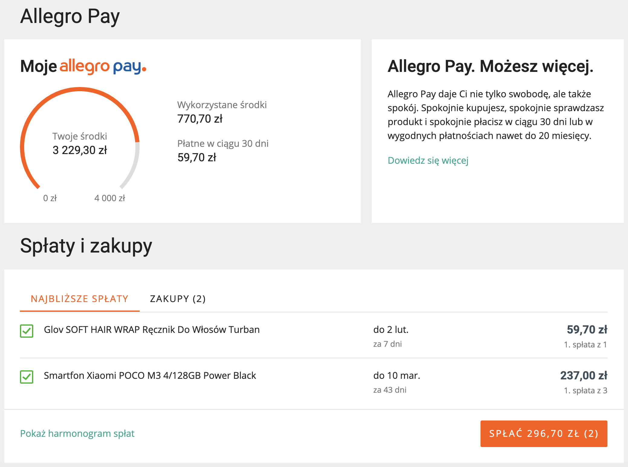 Allegro Pay dashboard