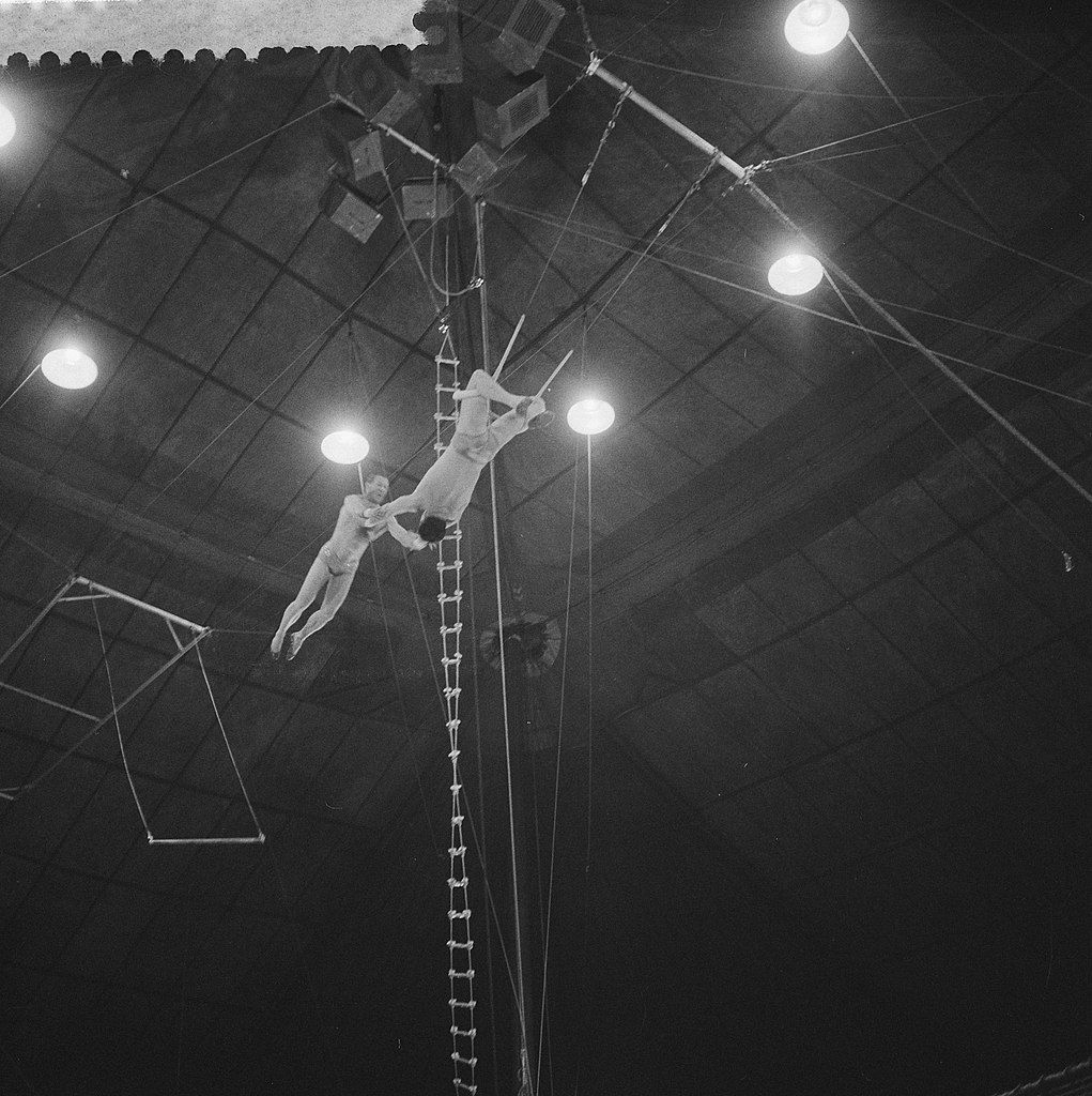 Circus performers on the flying trapeze, Public Domain image from https://commons.wikimedia.org/wiki/File:Programma_van_Circus_Krone_in_Rotterdam_drie_Alizes_,_vliegende_trapeze_met_o.a.,_Bestanddeelnr_910-4372.jpg