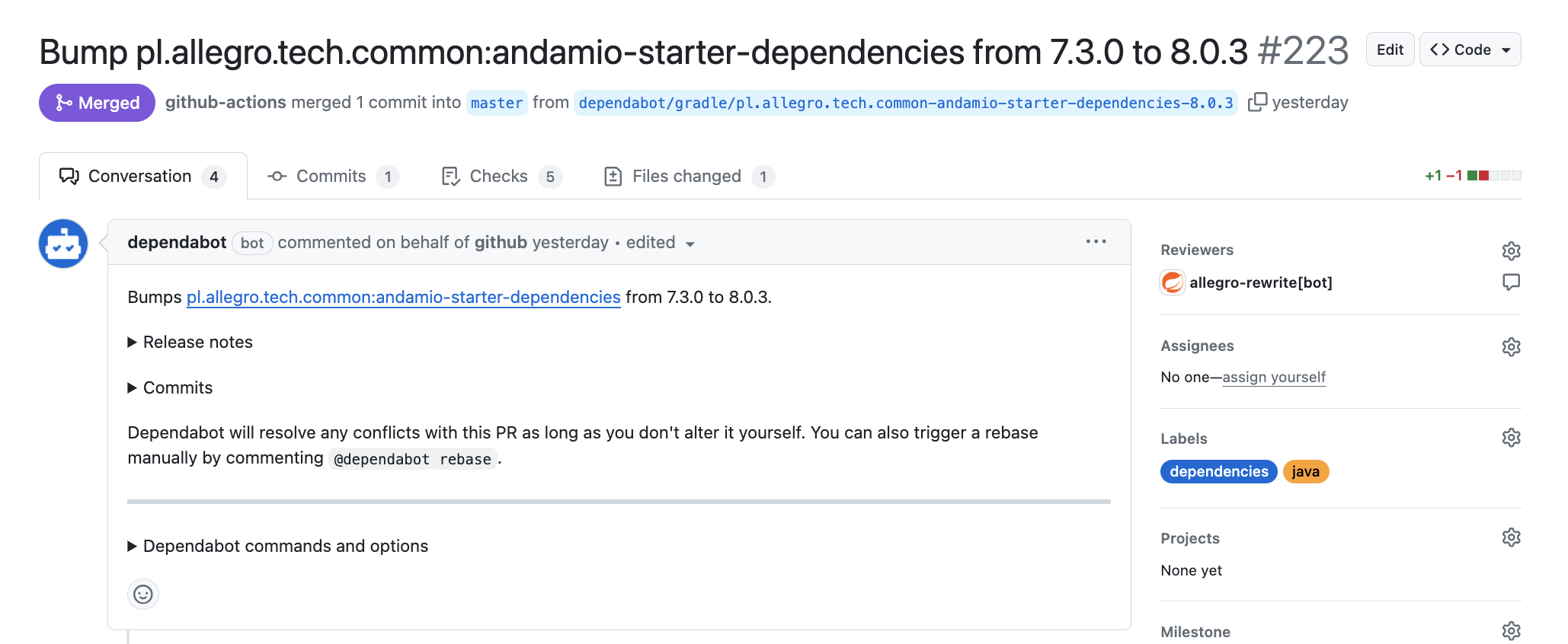 Dependabot pull request created