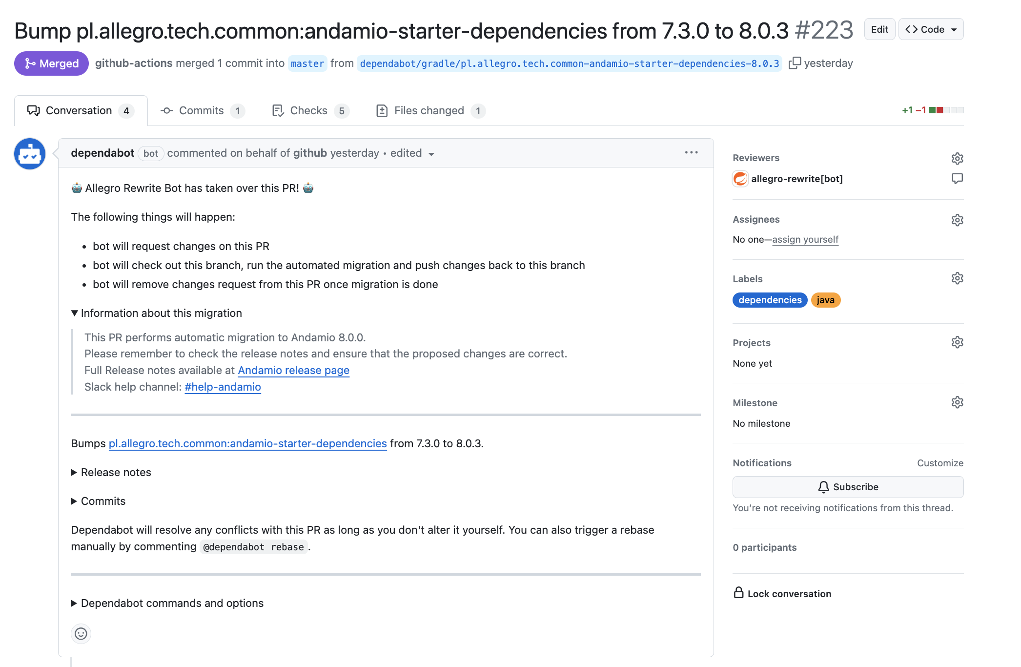 Dependabot pull request taken over