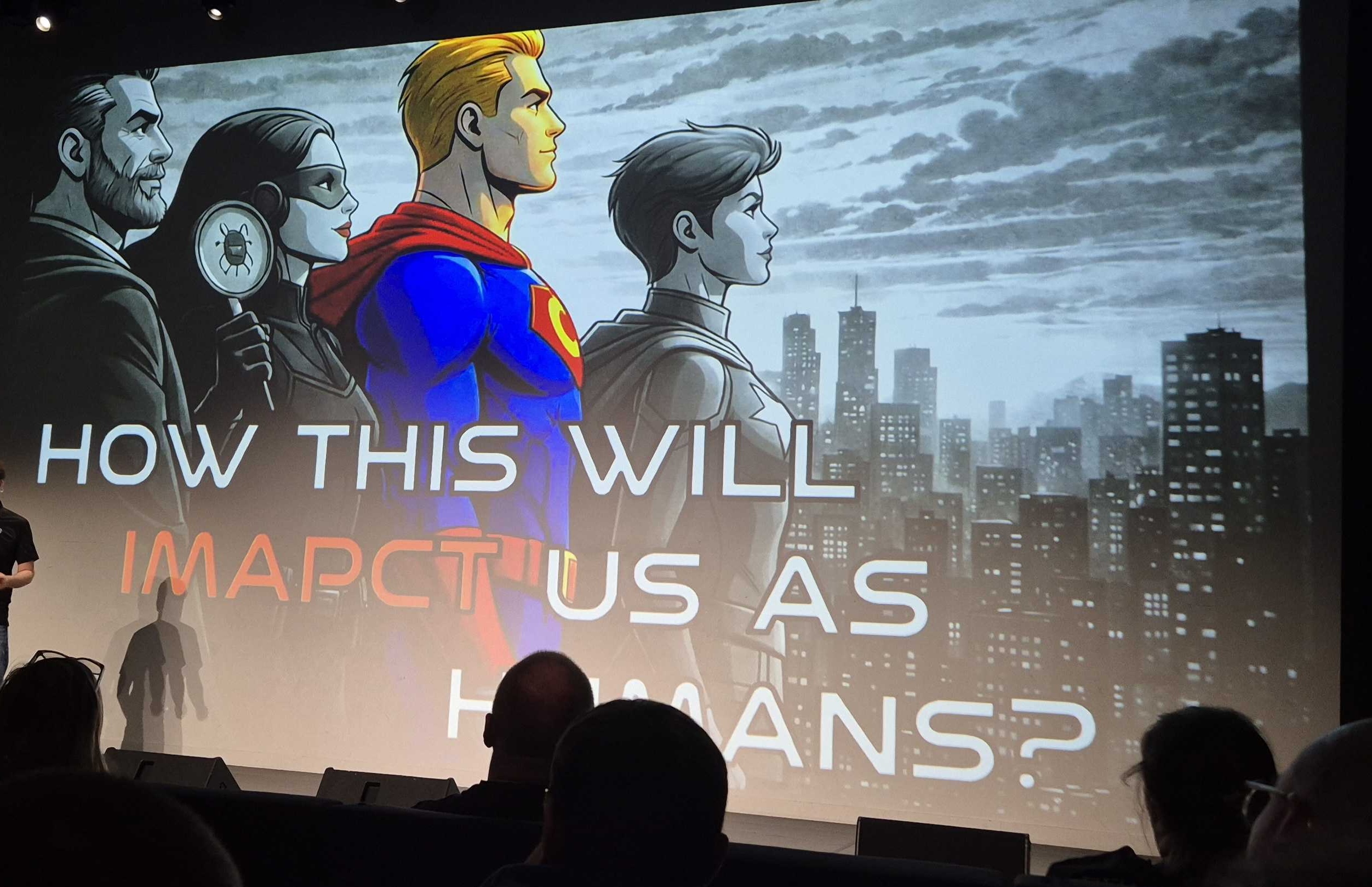 A presentation slide containing cartoon superheroes and the title 'How will this impact us as humans?', with the word 'impact' highlighted in red and
         misspelled as 'imapct'.