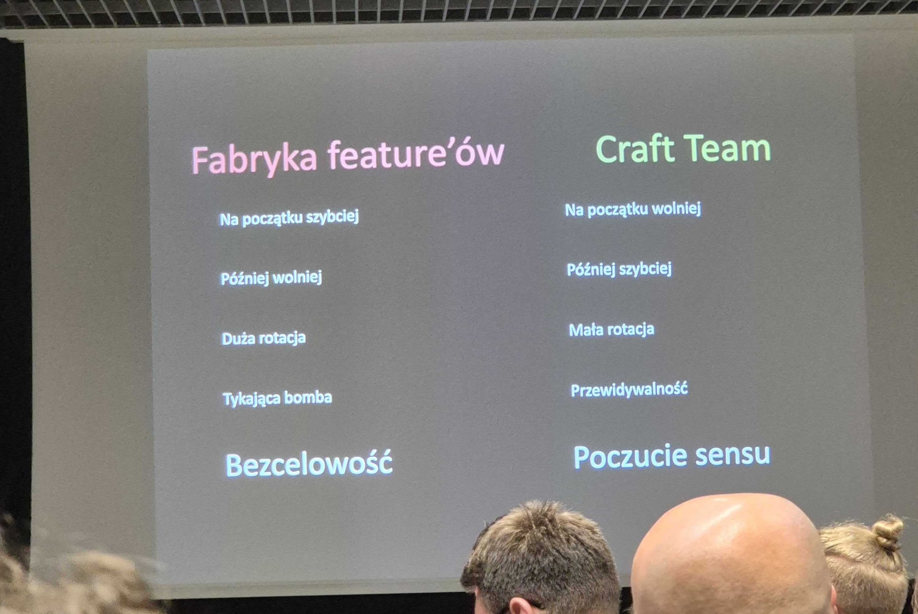 A presentation slide with a comparison table between a feature-factory team and a craft team.