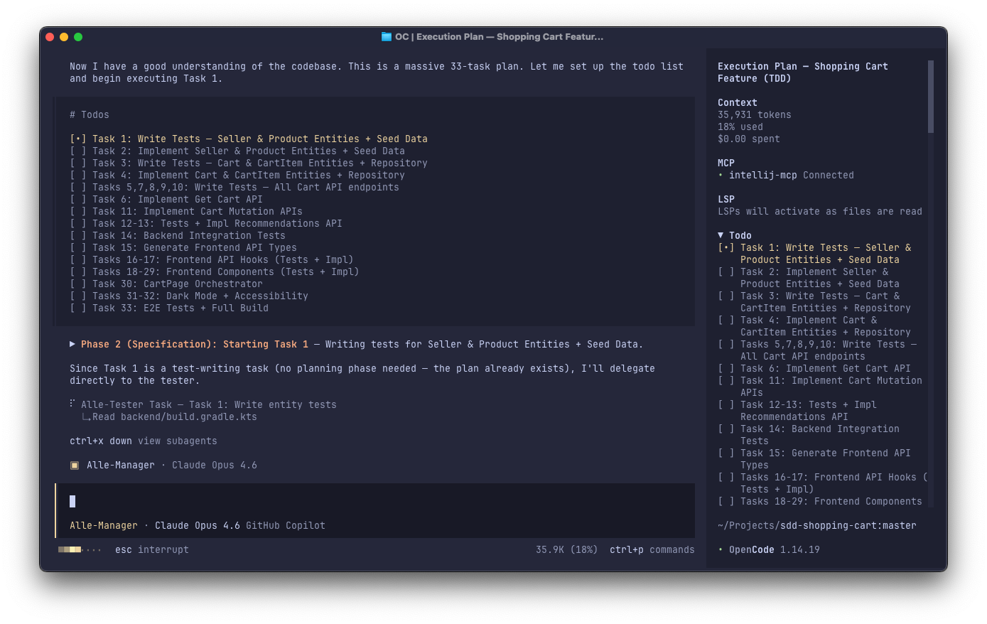 AlleManager orchestrates the plan in OpenCode
