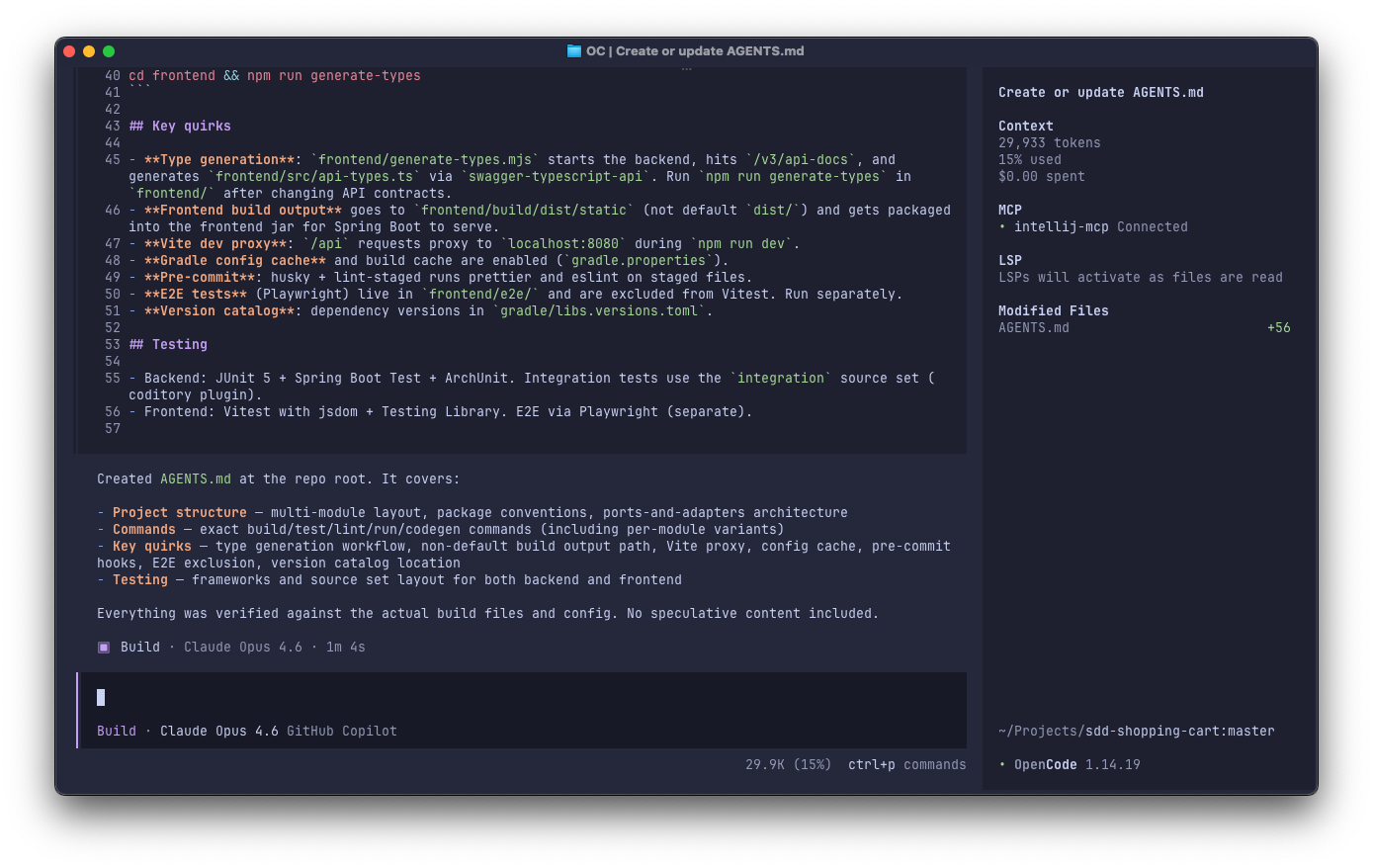 Running /init command in OpenCode
