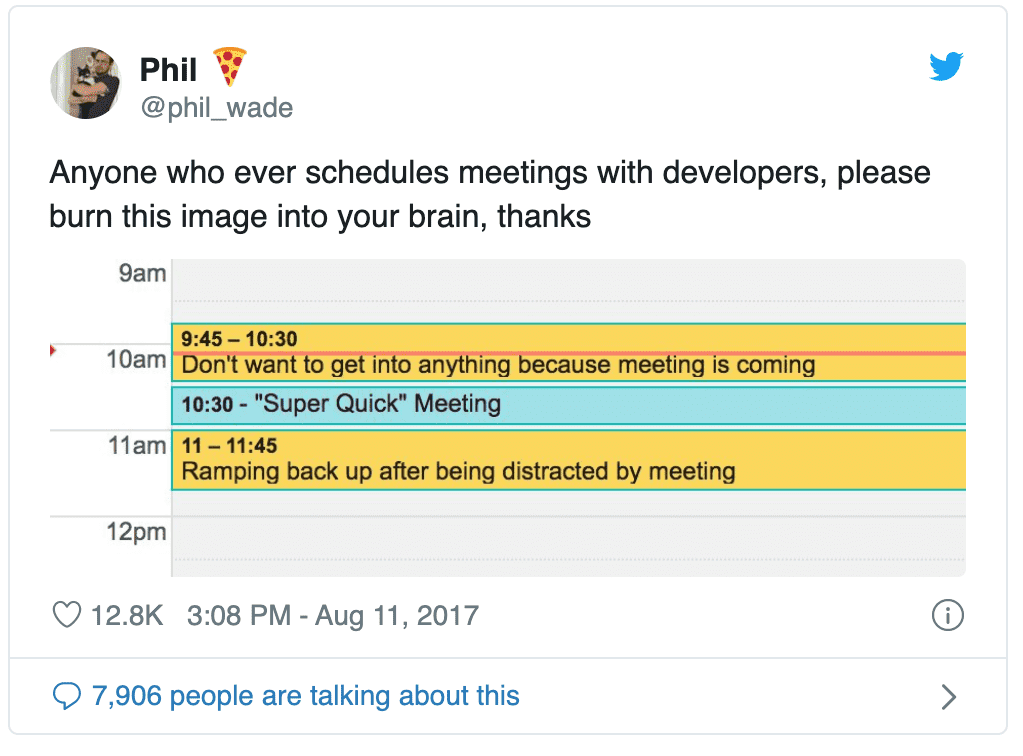 Calendar with 45 minutes before meeting stating: Don't want to get into anything because meeting is coming and: Ramping back up after being distracted by meeting