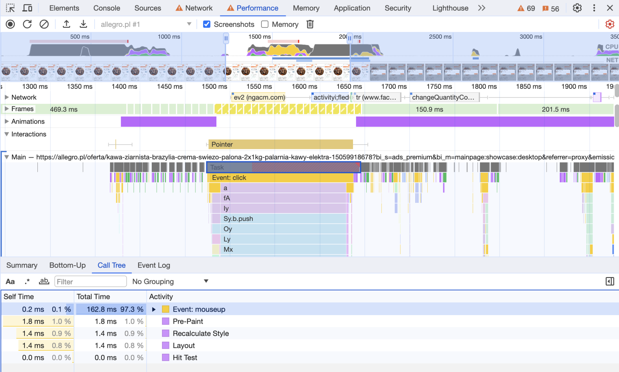 Performance section in Chrome developer tools.